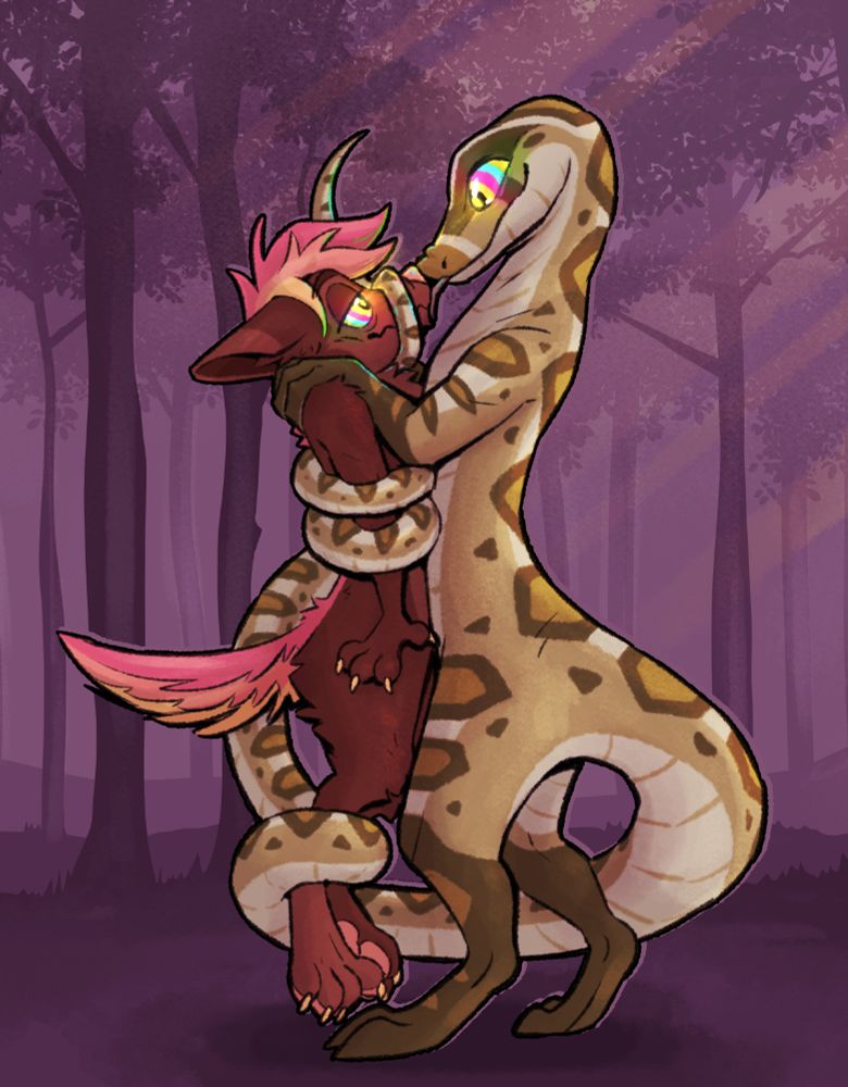Digital art, an anthro snake with arms and legs uses his long tail to restrain a friend colored anthro dog. the snake smugly pushes their snoots together. The snake is hypnotizing the dog with his bright stripey eyes. Dog looks happy :)