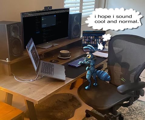a small anthro bug at a computer with a thought bubble "i hope i sound cool and normal"