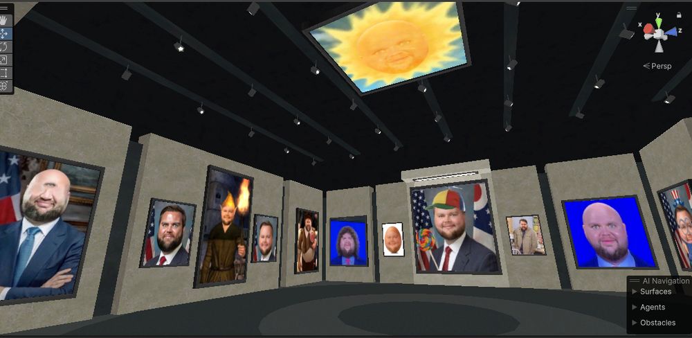 an elegant museum display room full of JD vance face edits