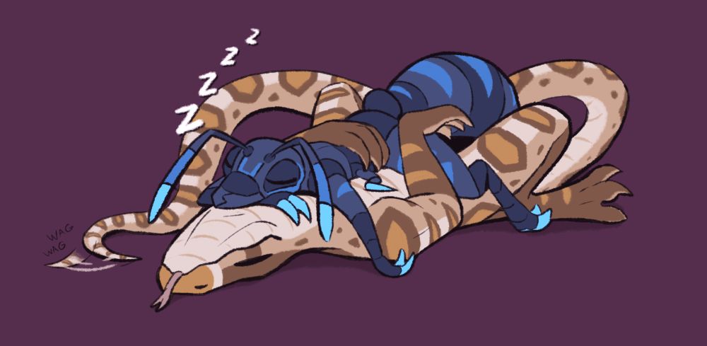 digital art, eek laying on sobas chest, sleepin