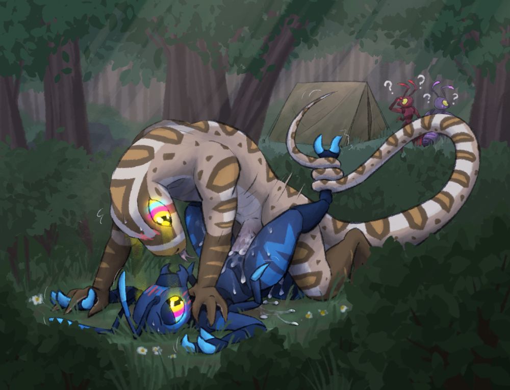 art i did of Eek the ant getting fucked behind the bushes by a big buff snake (his name is Soba) that has him locked in hypnosis. in the distance some bug friends are wondering where the hell he went