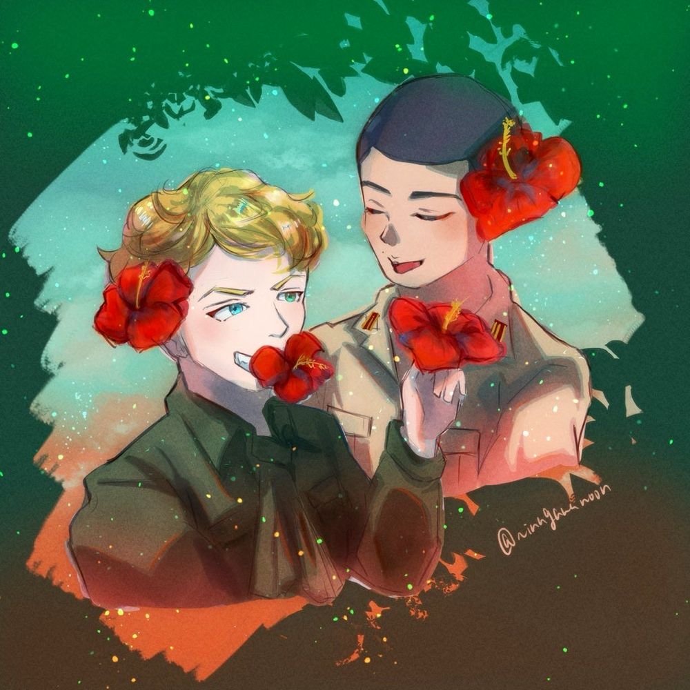 mcml FA ハイビスカスをふざけながら差し出すセリ　頭にハイビスカスをさして微笑むヨノ