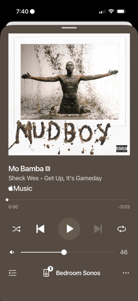 screenshot of Sonos app showing “Mo Bamba” by Sheck Wes playing extremely loud in my bedroom