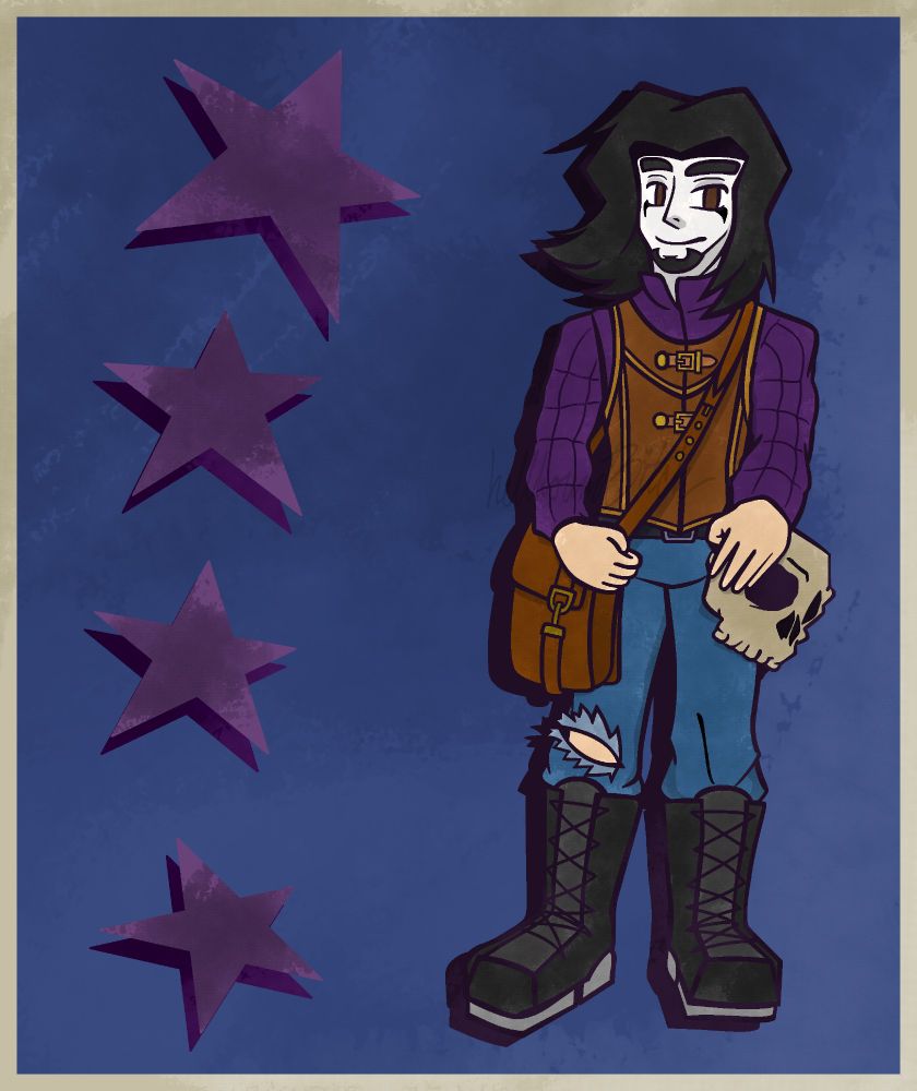 A drawing of a man with face paint. Man is wearing a vest and a thick jacket. Holding a satchel and skull on their person