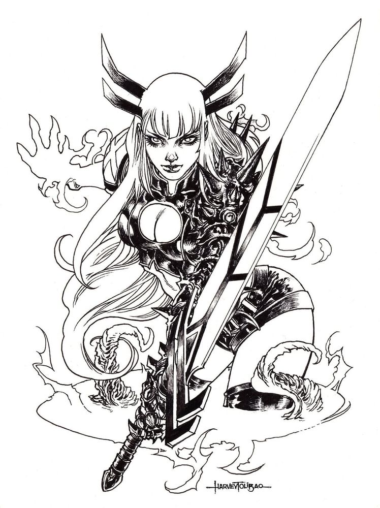 Black and White inked 2/3 illustration of Magik coming out a stepping disk with her soulsword brandished in from of her. 