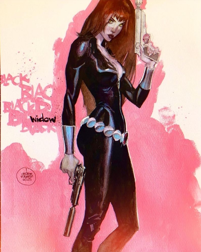 2/3 full color figure of Black Widow posing with a gun in each hand 