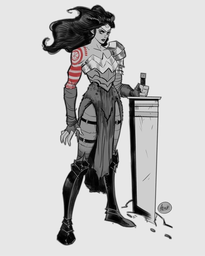 Full figure Absolute Wonder Woman drawing in inked grey tones, she's standing with her hand on the hilt of her large sword, which is buried in the ground. The cool thing is the artist has added a touch of color on  her other arm by making the tattoo (Magik markings) red 