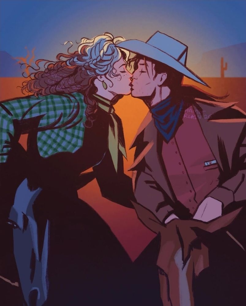 Gambit and Rogue in Western garb atop horses kissing 