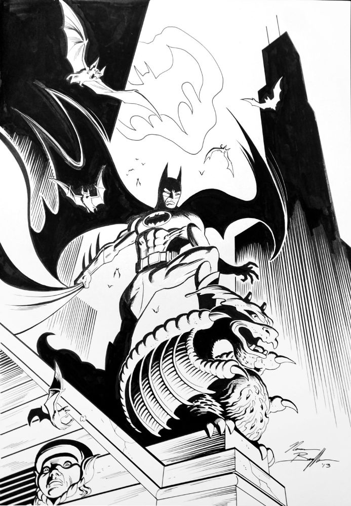 Upward angle of Batman atop a gargoyle in Gotham bats flapping around him and the Bat symbol in the sky