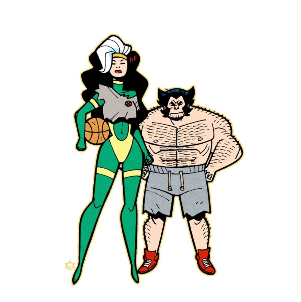 Rogue in green and yellow with a grey tank holding a basketball under her arms, shirtless Logan in cutoff grey shorts and red sneakers 