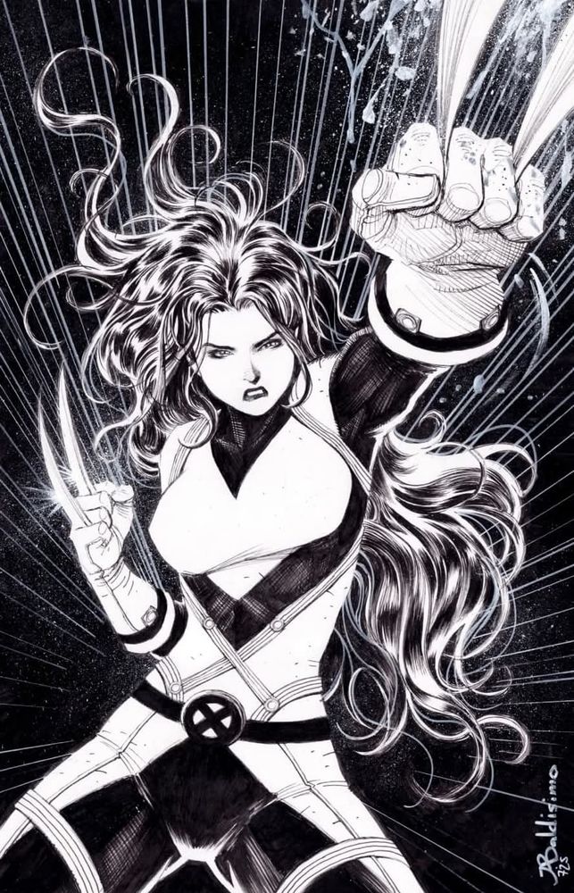 Wolverine Laura Kinney, no mask with claws extended one hand punching forward the other pulled back for the next strike