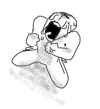 A goober who has fallen to their knees. Their fists are clenched and they are scream-crying to the sky