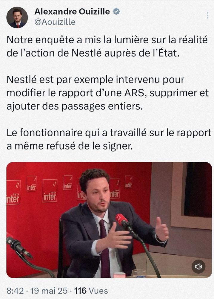 Notre enquête a mis la lumière sur la réalité de l’action de Nestlé auprès de l’État.

Nestlé est par exemple intervenu pour modifier le rapport d’une ARS, supprimer et ajouter des passages entiers.

Le fonctionnaire qui a travaillé sur le rapport a même refusé de le signer.

https://x.com/Aouizille/status/1924354951339245602?t=8C6NxAchu0Y_kWKPPnU15w&s=19