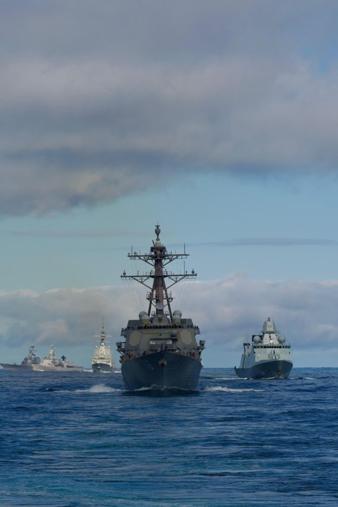 NORWEGIAN SEA (May 7, 2025) The USS Bulkeley (DDG 84), Louis-Marie (F931), Cristóbal Colón (F105), USS Thomas Hudner (DDG 116), and the HDMS Iver Huitfeldt (F361) conduct a passing exercise during an At-Sea Demonstration (ASD) / Formidable Shield (FS) 2025, May 7, 2025. ASD/FS 25 is the largest at-sea live-fire exercise in the European theater, hosted by U.S. 6th Fleet and executed by Naval Striking and Support Forces NATO. ASD/FS 25 is designed to enhance Allied interoperability in a joint, live-fire, Integrated Air and Missile Defense environment using NATO command and control reporting structures. (Courtesy photo by HNLMS De Ruyter)
