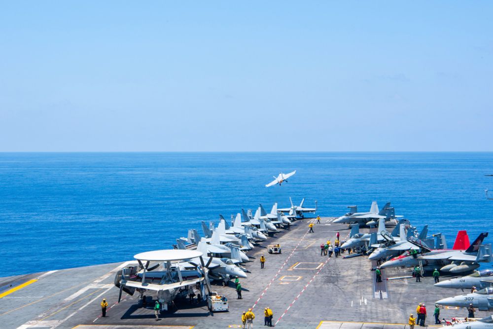 An E/A-18G Growler from the “Cougars” of Electronic Attack Squadron (VAQ) 139 launches from the flight deck of the aircraft carrier USS Nimitz (CVN 68) in the South China Sea, May 3, 2025. Nimitz is underway in the U.S. 7th Fleet area of operations on a scheduled deployment, demonstrating the U.S. Navy's unwavering commitment to a free and open Indo-Pacific. (U.S. Navy Photo by Mass Communication Specialist Seaman Edward Jacome)