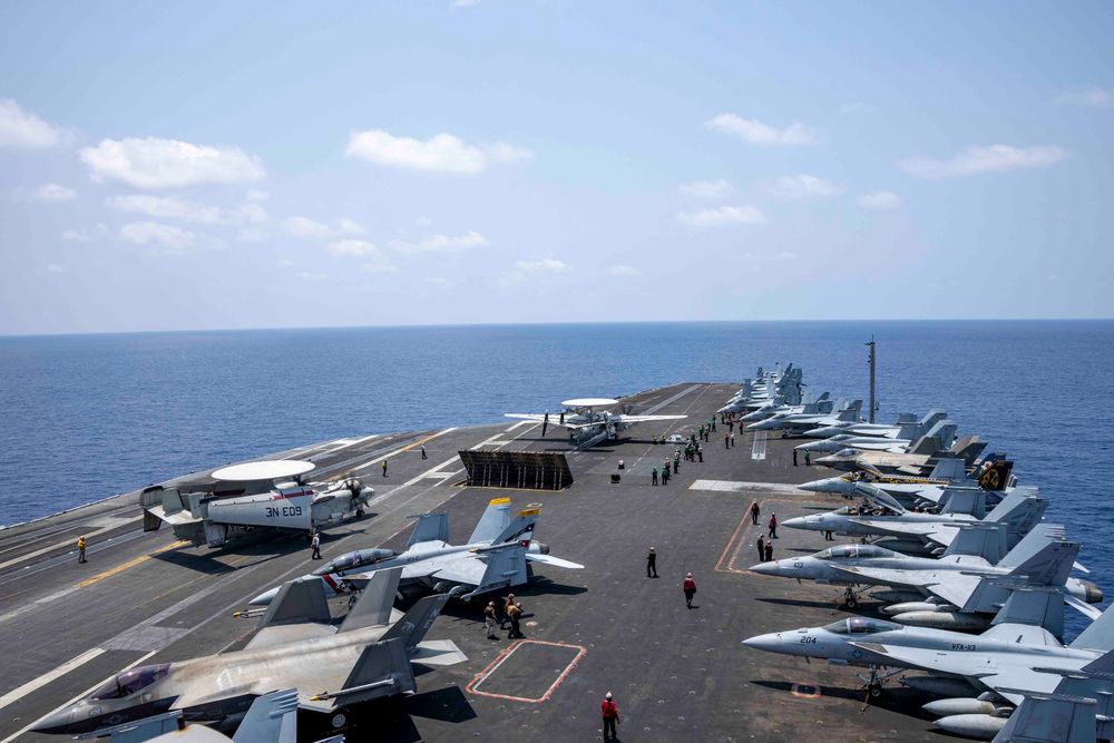 U.S. CENTRAL COMMAND AREA OF RESPONSIBILITY (April 10, 2025) The Nimitz-class aircraft carrier USS Carl Vinson (CVN 70) conducts flight operations in the U.S. Central Command area of responsibility. (Official U.S. Navy photo)