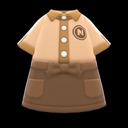 A picture of a brown shirt and skirt set with white buttons from the Animal Crossing video game
