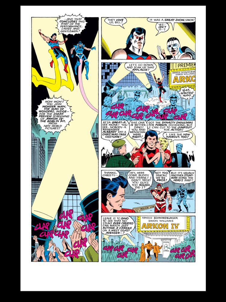 Wonder Man, arriving at the world premiere of his movie, Arkon IV, in West Coast Avengers #25.