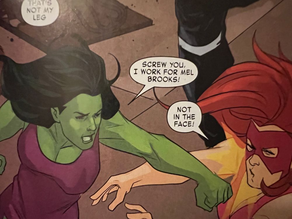 She-Hulk punching Titania, exclaiming “Screw you, I work for Mel Brooks!” as Titania says “Not in the face!”