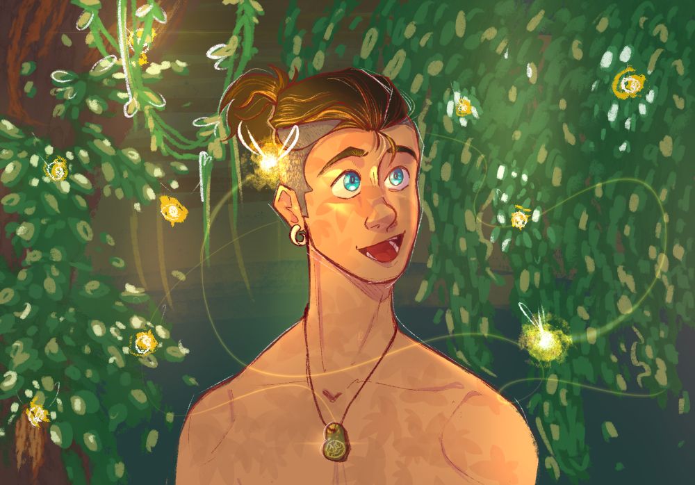 This is a digital drawing of Sokka from Avatar: the Last Airbender. He is surrounded by forest-like vegetation and a few fireflies. Around his neck is a pendant, akin to those the Water Tribe traditionally carves out as a proposal of engagement in the show. The carving o the necklace shows a combination of the Water and Fire tribe symbols. Sokka is smiling happily, watching the fireflies buzz around him.