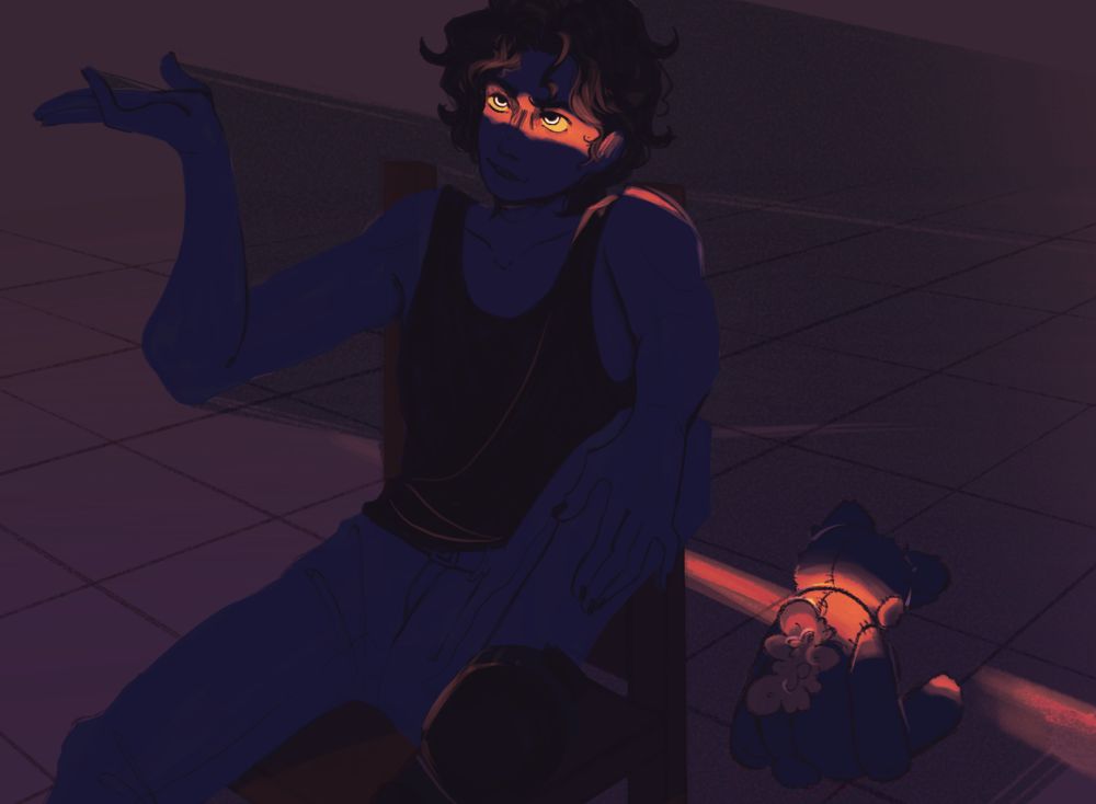 A man lounges on a chair, relaxed
and confident. his arm is outstretched as he seems to be explaining something. The room is dark with one sliver of light falling onto his eyes. Behind him, there is a teddy bear sitting on the floor, facing away from the viewer. Its back is ripped open and the filling is spilling out. 