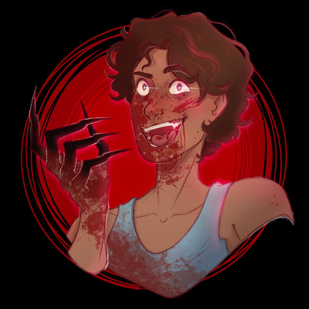 On this image, there is a man in front of a dark and red background. He is covered in blood and is smiling maniacally. The man is a vampire, and so he is licking blood off of his own teeth. his fingers are elongated into claws and darkened to create an overall more intimidating presence.
