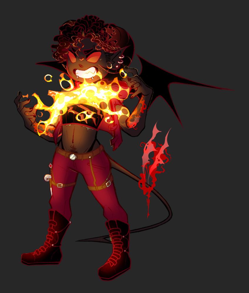 A grey tiefling with black hair and red eyes is casting a fire spell in front of himself, smiling