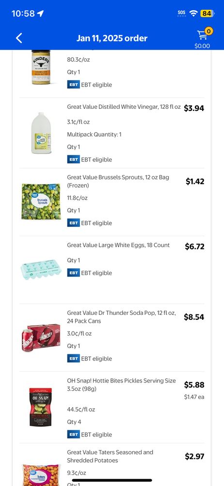 The price of eggs as purchased (11 January 2025) from Walmart in Natchez, Ms today, $6.72/18 ct. [A screenshot of an itemized digital receipt from a curbside pickup order.]