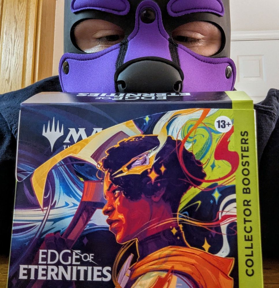 Me in my purple Mr. S pup hood looking down at a Magic the Gathering Edge of Eternities collector's booster box.
