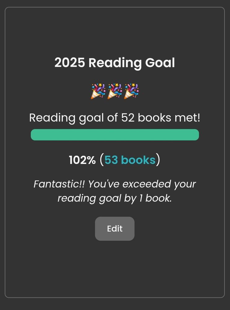 Screenshot of a story graph profile that shows 53 books read in 2025 so far. 