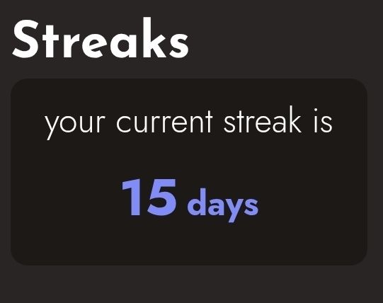 Screenshot that says "your current streak is 15 days"