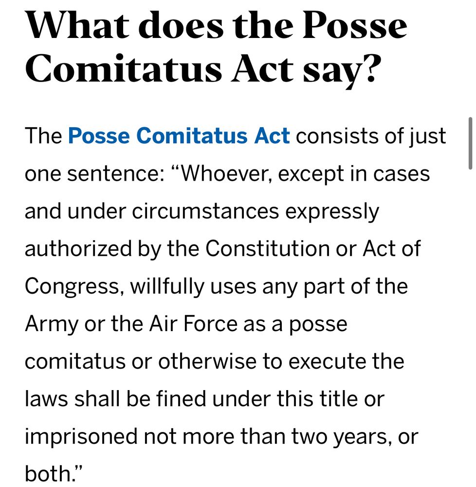 “Whoever, except in cases and under circumstances expressly authorized by the Constitution or Act of Congress, willfully uses any part of the Army or the Air Force as a posse comitatus or otherwise to execute the laws shall be fined under this title or imprisoned not more than two years, or both.”