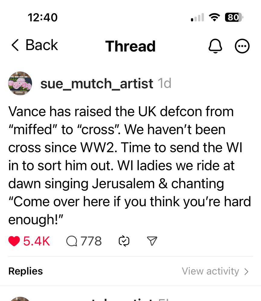Thread that reads: Vance has raised the UK defcon from “miffed” to “cross”. We haven’t been cross since WW2. Time to send the WI in. WI ladies we ride at dawn singing Jerusalem and chanting “Come over here if you think you’re hard enough”.