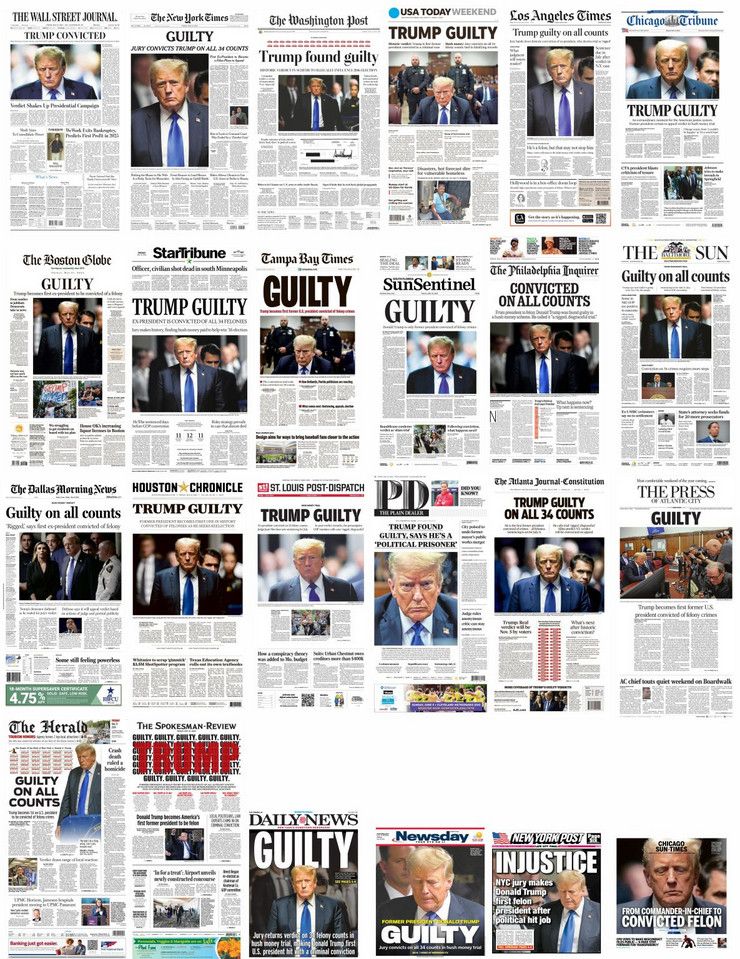 24 screenshots of newspaper headlines saying Trump is guilty.  The resolution isn’t high enough to alt each image but they pretty much all include GUILTY in large type. 