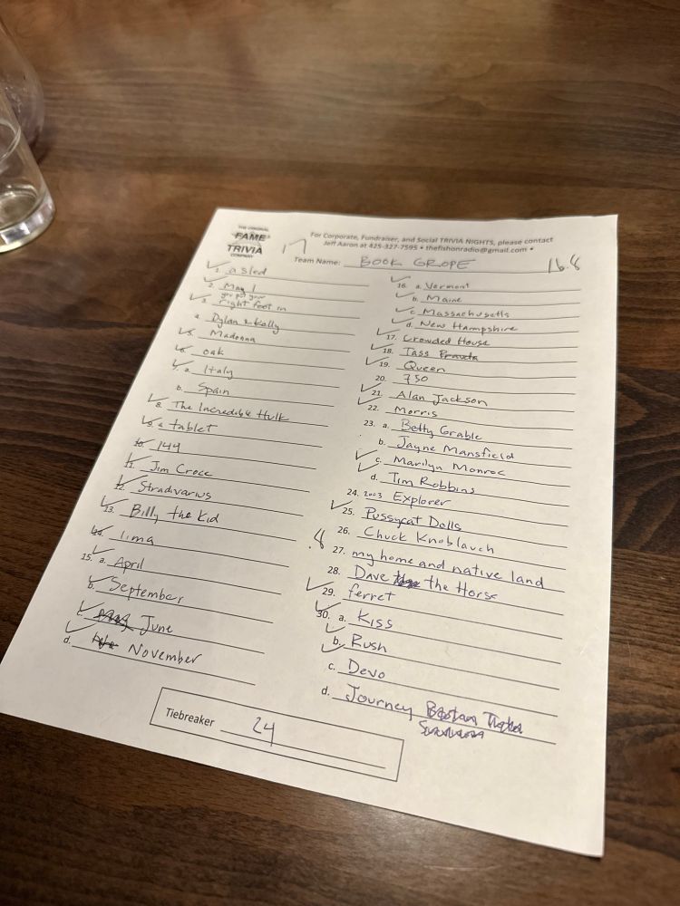 A sheet of answers to a trivia night. 