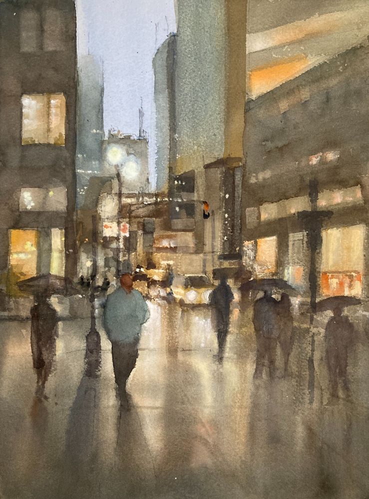 watercolor painting of New York rainy streets