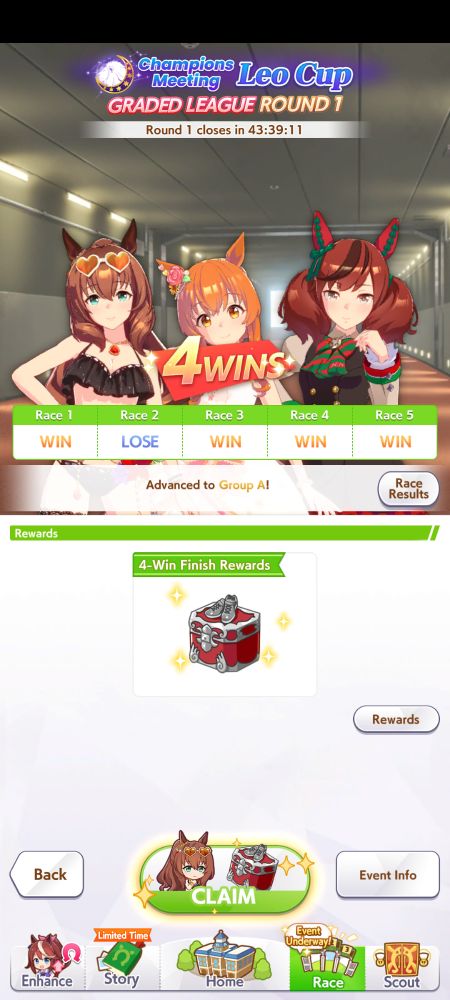 My results for the current Leo Cup Champions Meeting of 4 wins and 1 loss. The team used was Summer Maruzenski (Front), debuff Bridal Mayano Top Gun (End Closer), and debuff Nice Nature (Late Surger.)

Fun fact, the loss in race 2 happened to a Goldshi taking the win in the last 100 meters after getting a last minute velocity boost from Homestretch. If I had to lose, I'm glad it was to Goldshi shenanigans.