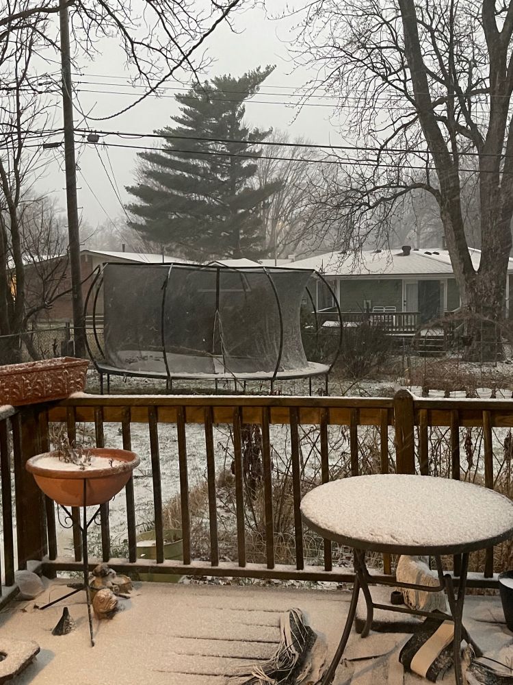 Deck and backyard covered in snow while more snow falls and blows around.