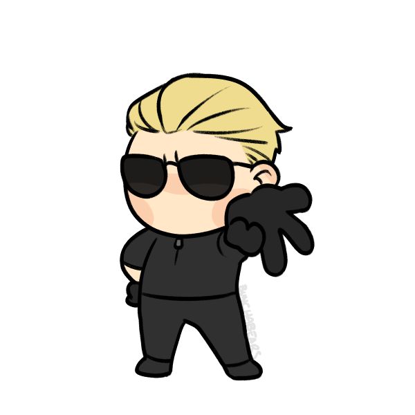 Mini Albert Wesker stands with a proud stance and a hand on one hip. He throws an upside-down peace sign with his other hand.
