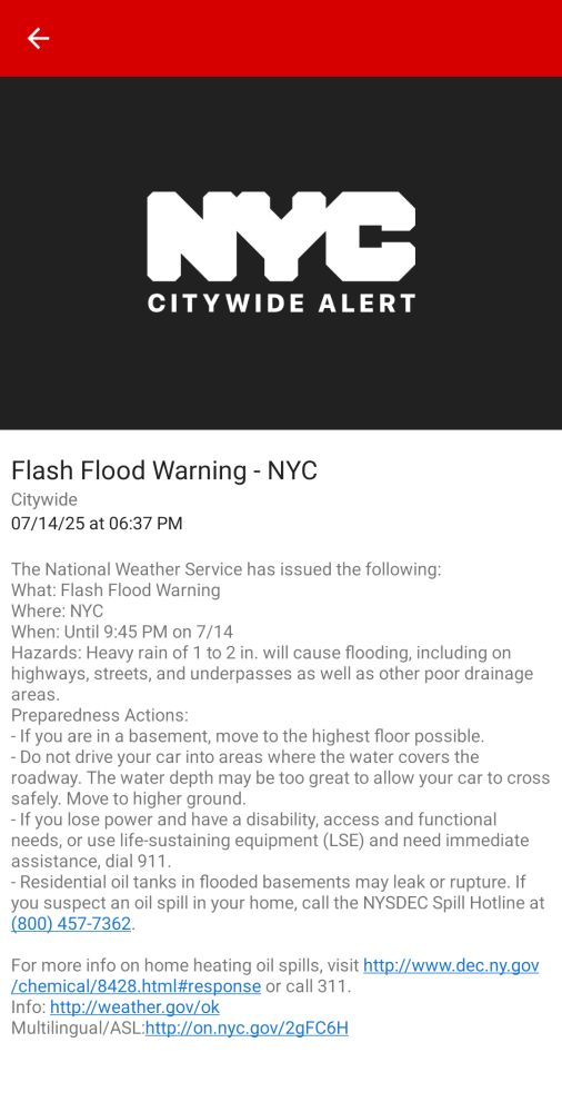 A smartphone screenshot of the NotifyNYC citywide alert for a flash flood warning, posted on July 14, 2025 at 6:37 PM.