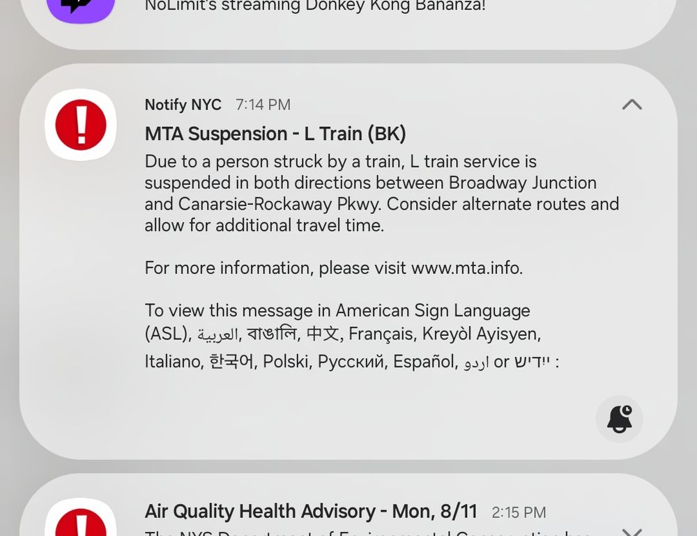 A NotifyNYC alert that I received on my smartphone. It's informing that L train service is suspended due to a person struck by a train.