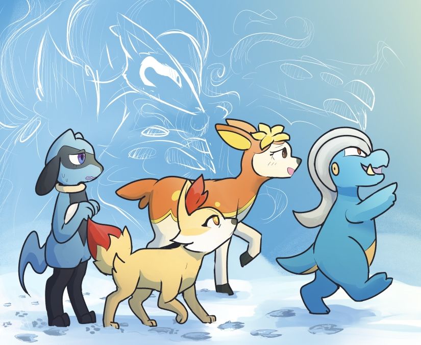 A drawing of a Riolu, Fennekin, Deerling, and Bagon walking through a snowy landscape. A white outline of a hisuian zoroark creeps behind them.