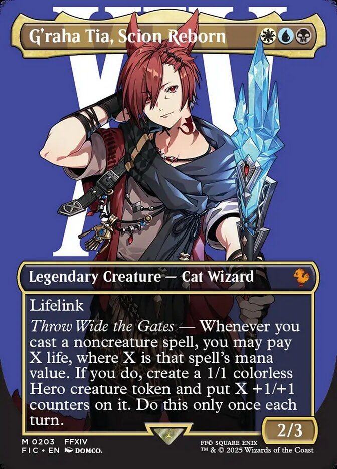 The Magic card for FFXIV's best catboy, G'raha Tia, illustrated by DOMCO.