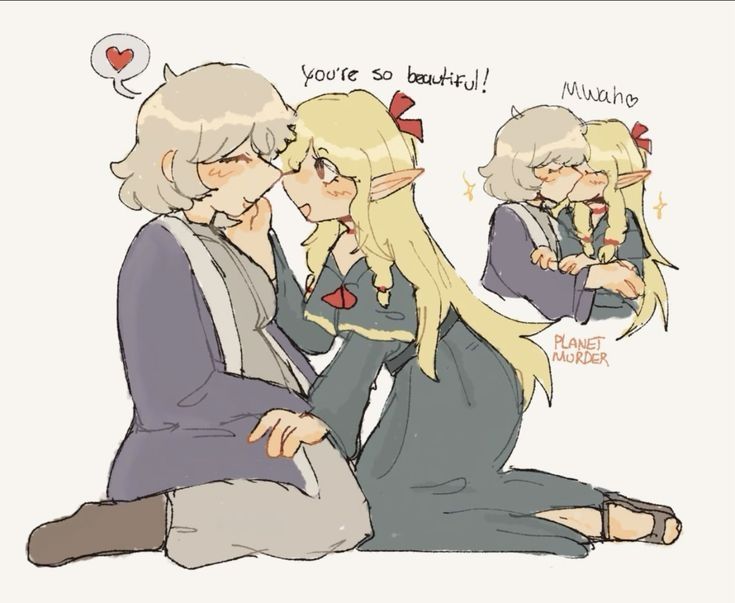 Marcille gets really close to Falin and places her hand on her cheek, before she says "You're so beautiful!" Falin leans in and kisses Marcille.