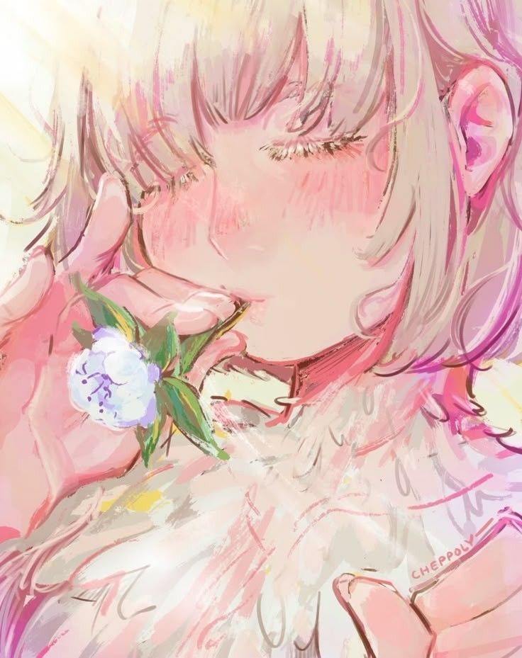 Chimera Falin closing her eyes and blowing into a reed of a flower, presumably playing a tune.