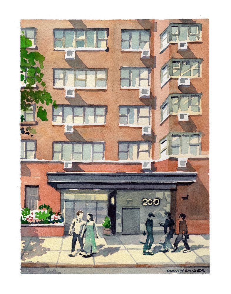 A watercolor painting of an apartment building on 15th street in New York City.