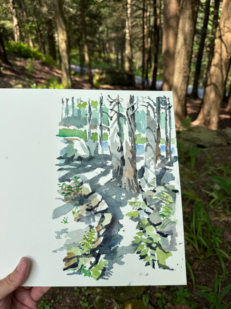 A watercolor painting of a Catskill Mountains landscape.