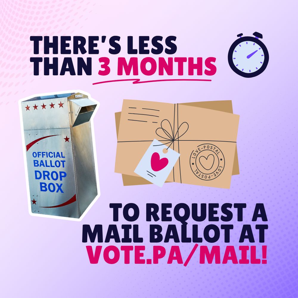 Purple graphic with an image of a mail ballot and a drop box with text that reads “There’s less than 3 months to request a mail ballot at vote.pa/mail!”