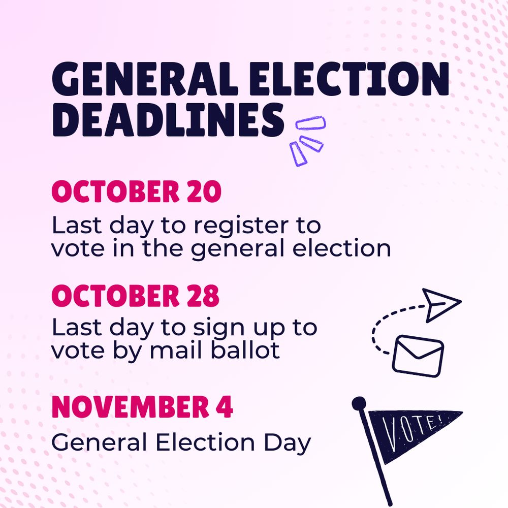 Pink graphic with text that reads “general election deadlines: October 20- last day to register to vote in the general election, October 28- last day to sign up to vote by mail ballot, November 4- election day”