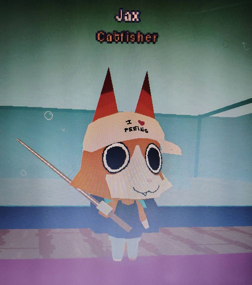 blocky orange and white dog with a black tank top and blue pants wearing a hat that reads "I heart peeing" with a fishing rod in it's right hand stands in front of an empty fish tank. text at the top reads "Jax" and below it reads "catfisher"
